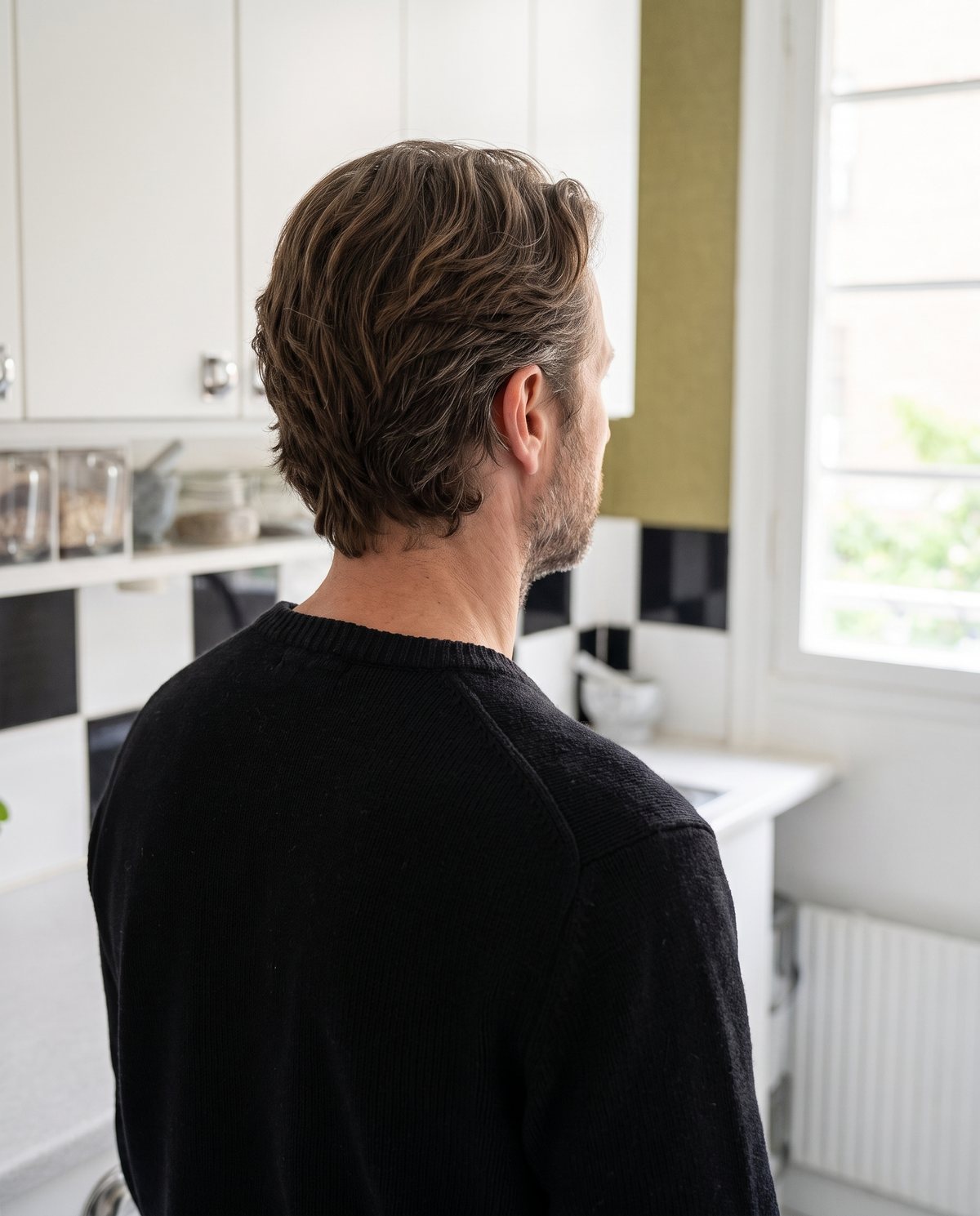 A man in a clean black jumper by a kitchen window