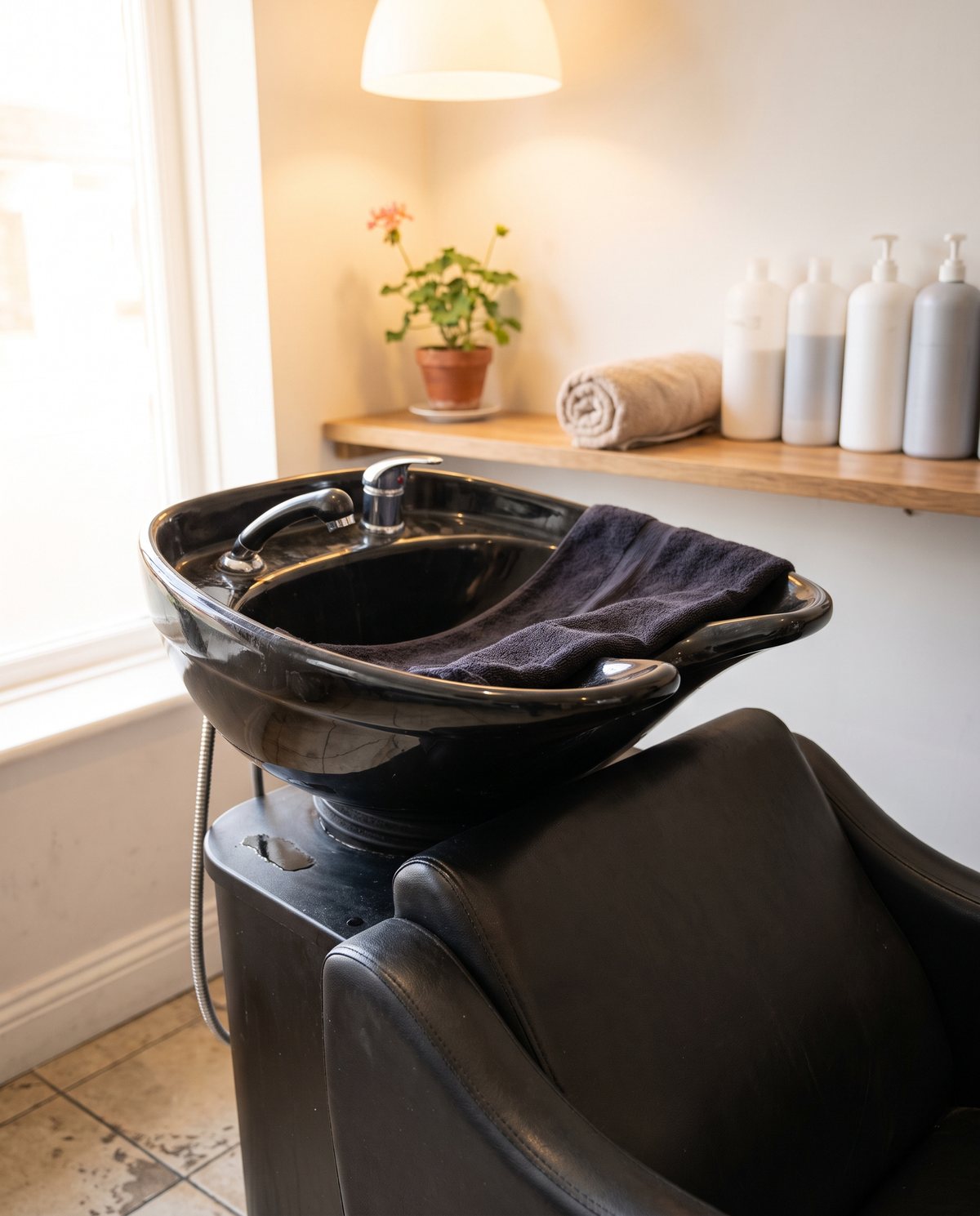 An empty hairdresser's wash basin