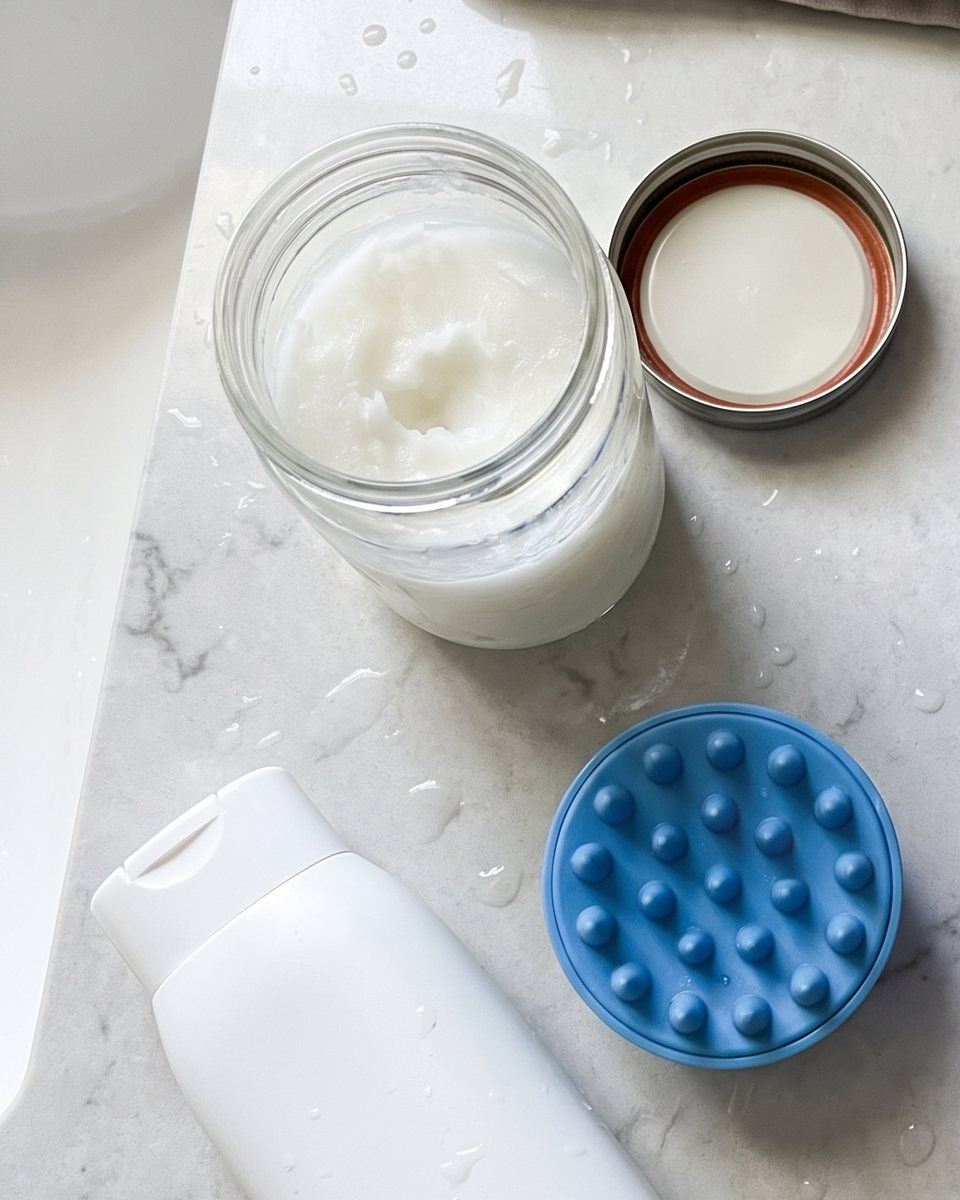 A jar of coconut oil, a scalp scrubber and a plain bottle on a bathroom counter