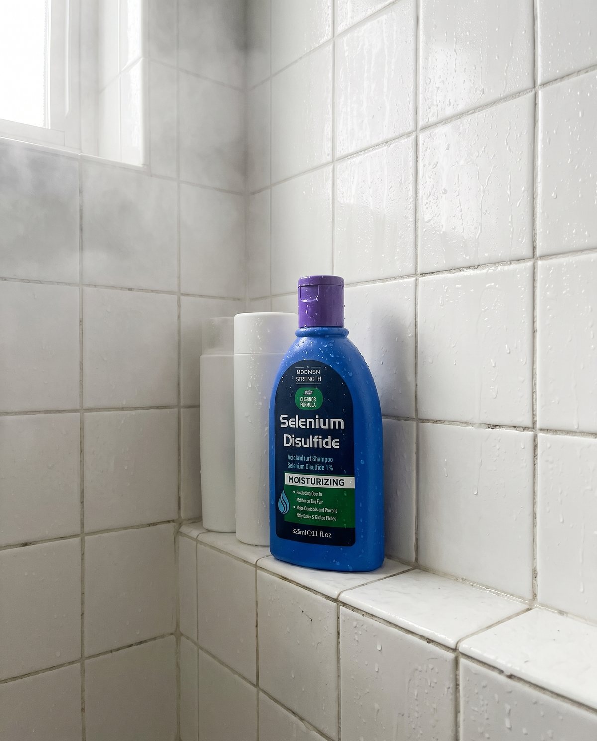 A bottle of ScalpRx on a tiled shower shelf